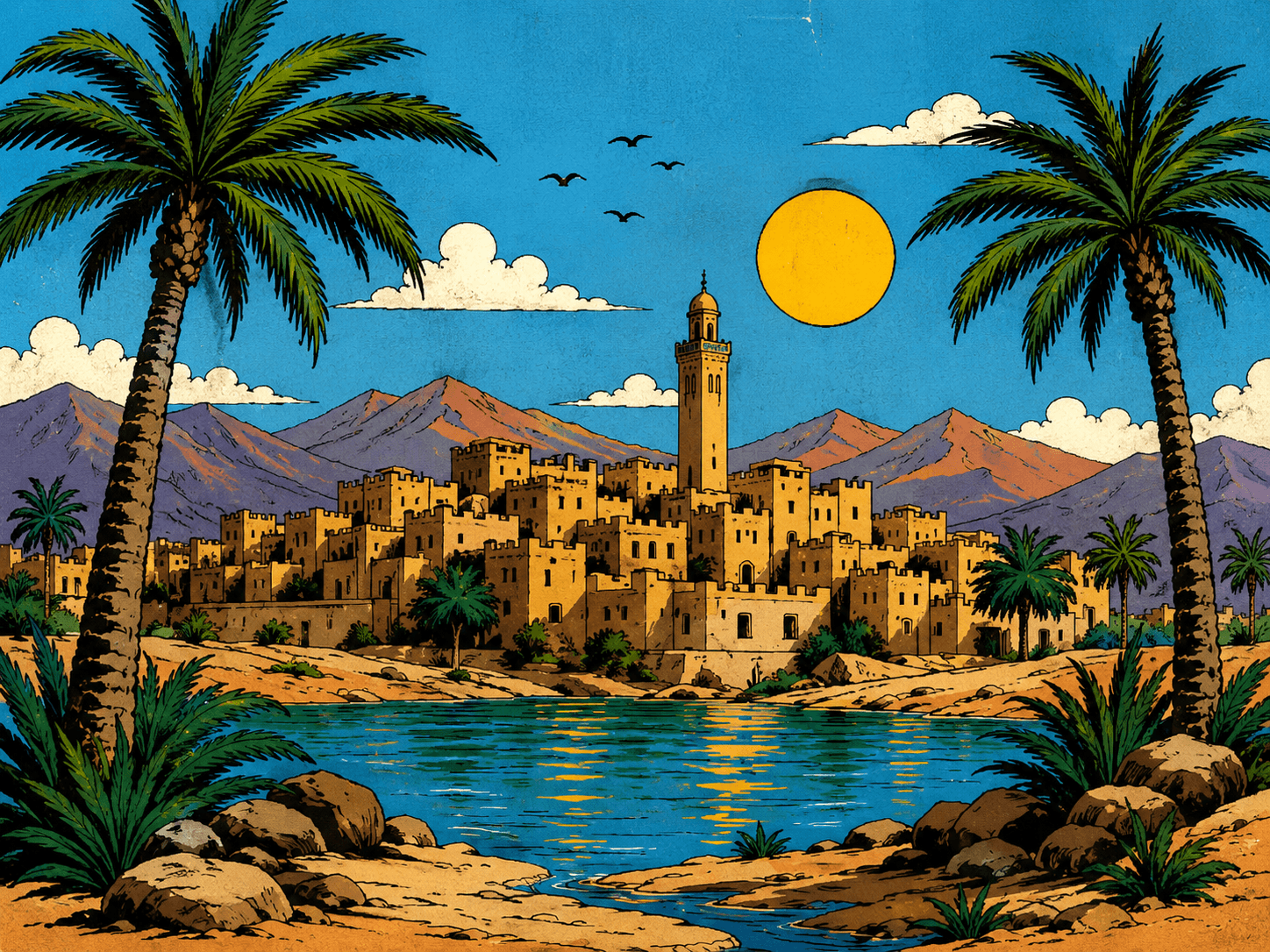 Oasis arabesque cartoon vintage — palmiers, kasbah, minaret, eau bleue